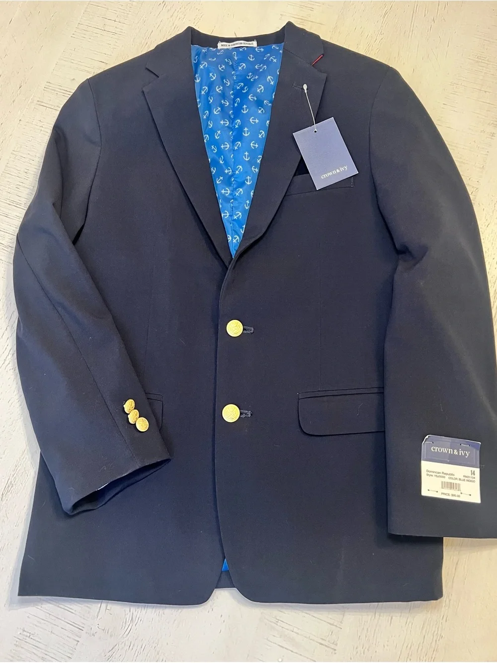 Crown & Ivy Boys Navy Blue Blazer Sport Coat Gold Button NWT 14